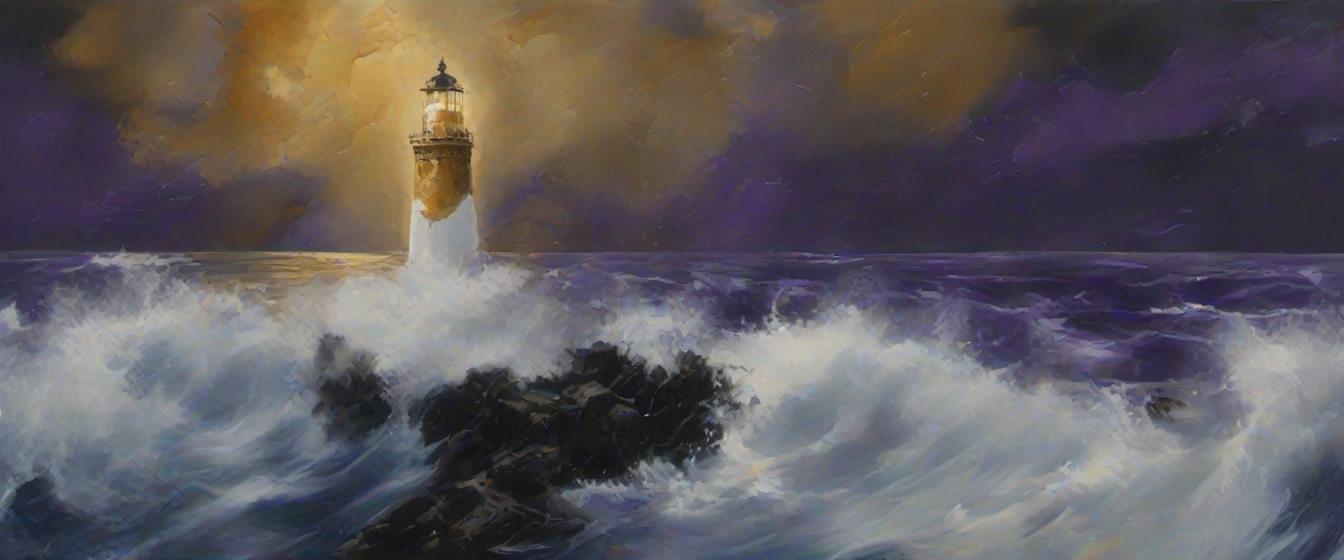 Vigdís — an oil painting of a lighthouse on a rocky outcropping sweeping it's light across a storm-tossed sea
