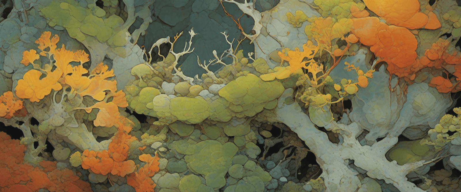 Vigdís — lichen and moss on ancient stone, oil and digital